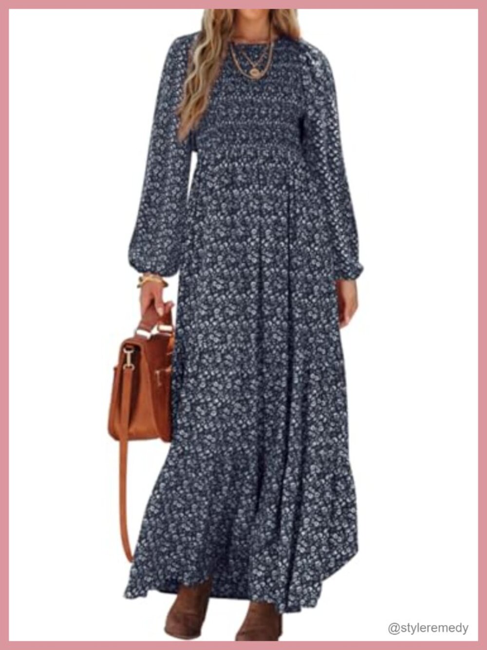 Womens Floral Maxi Dress Long Sleeve Smocked Tiered A-Line Casual